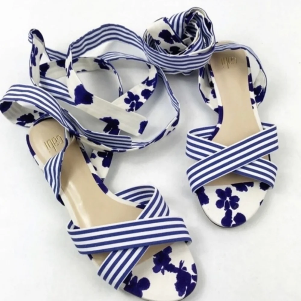 Cabi Women's Blue White Tied Up Canvas Sandal sz 10